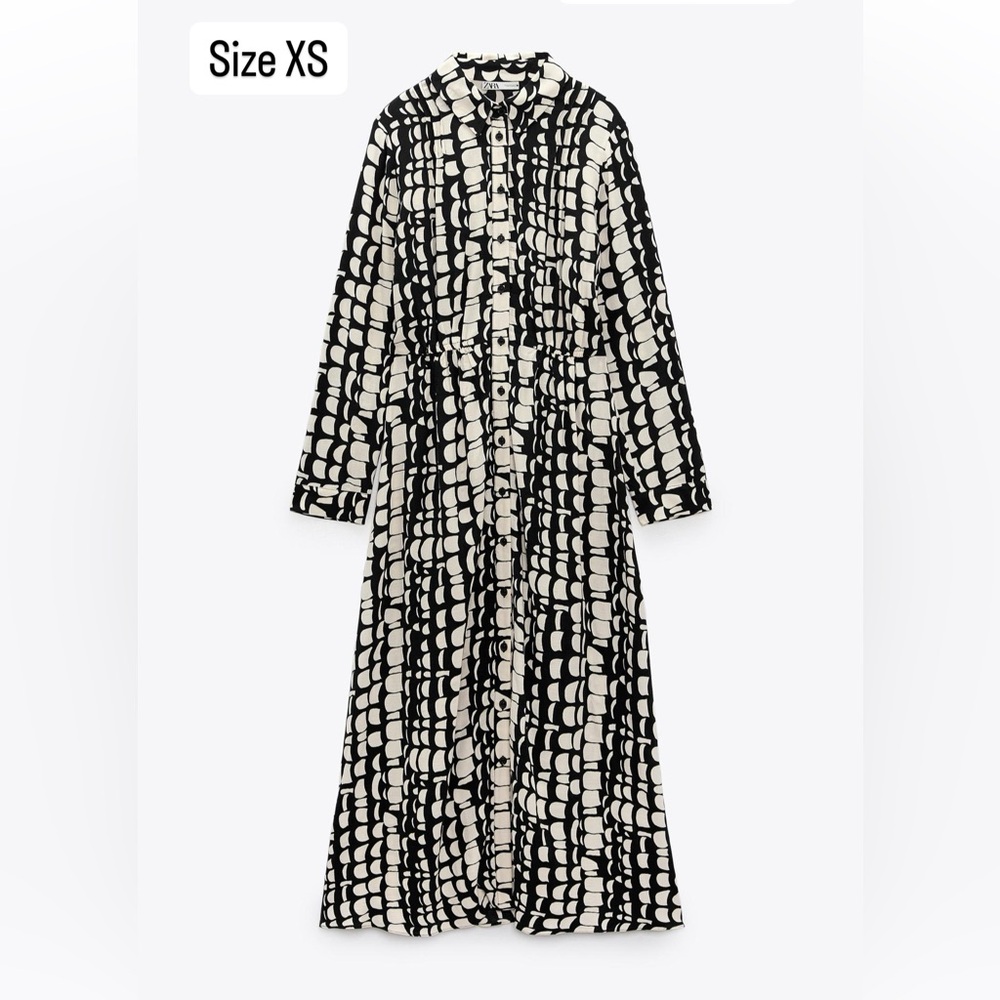Zara Black and Cream Geometric Long Sleeve Dress